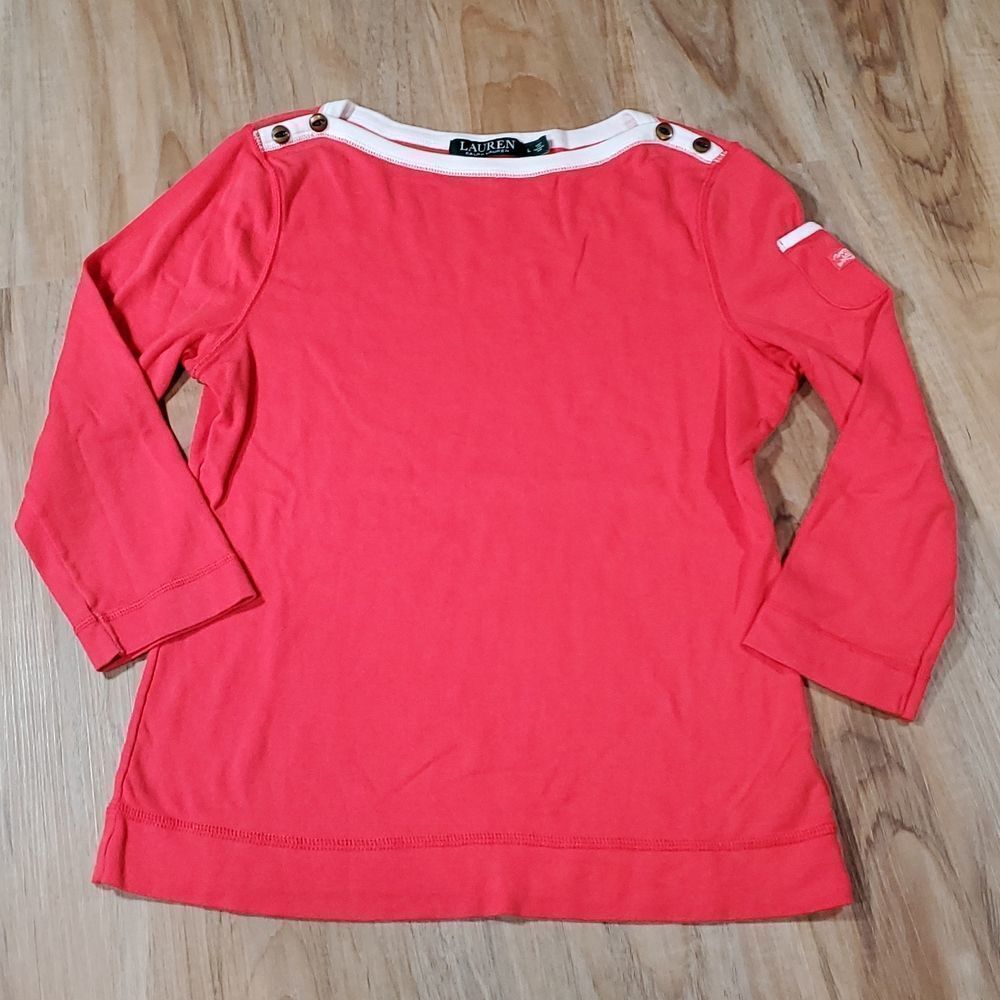 🔹️Ralph Lauren Coral & Cream Buttoned Boatneck Top Large